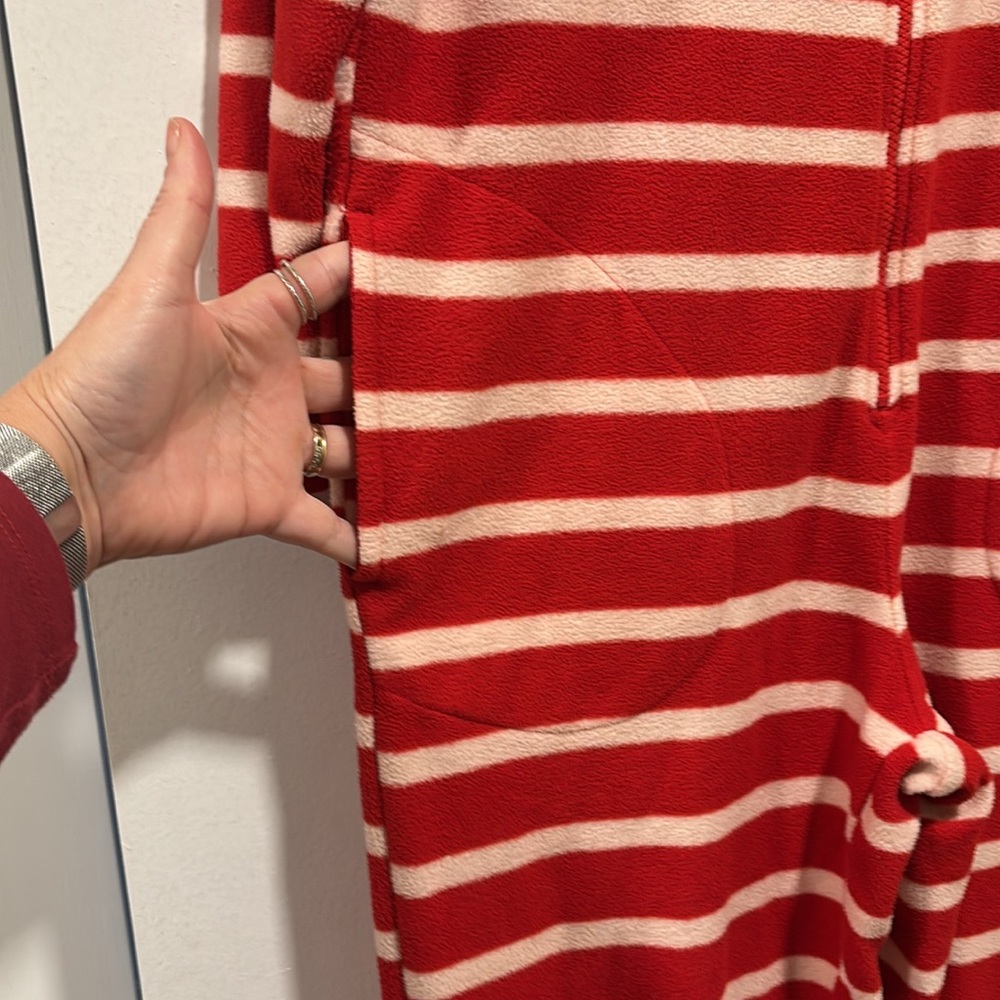 Nick & Nora Red and White Stripe Sock Monkey Footed Onesie Pajamas - Picture 4 of 9